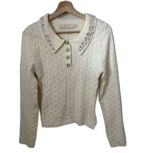 Lizette Collection Cable knit Sweater Rhinestone Beading Crop Preppy Career XL